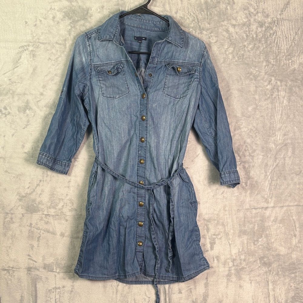 Gap Distressed Light Wash Denim Collared Shirt Dress Snap Button Size Small